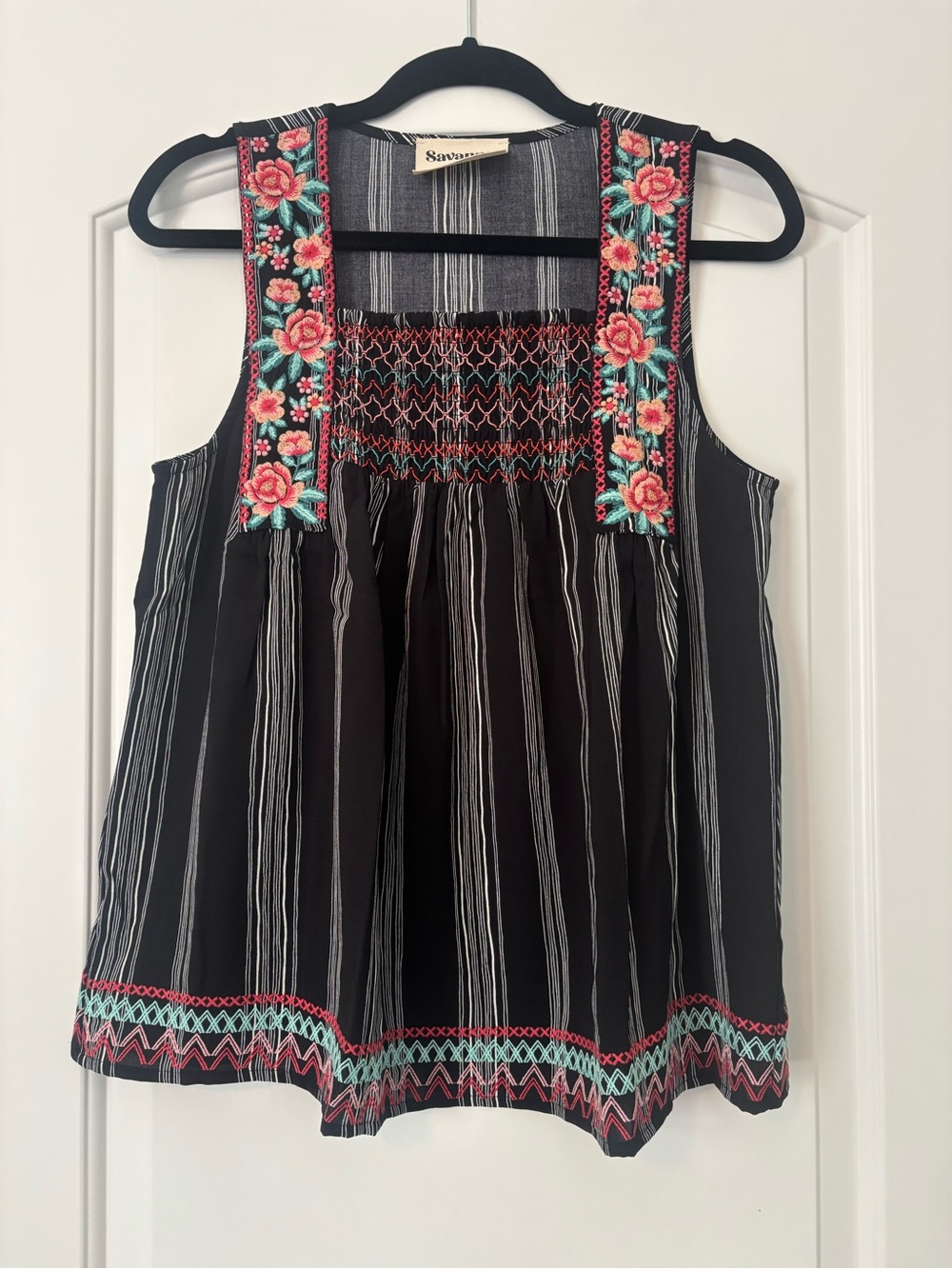 Savannah Jane Black Striped Tank with Pink & Teal Floral Embroidery